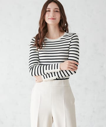 レーヨンポリエステルリブ袖口パール付ニット