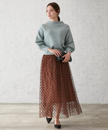 フロッキードットプリントチュールスカート