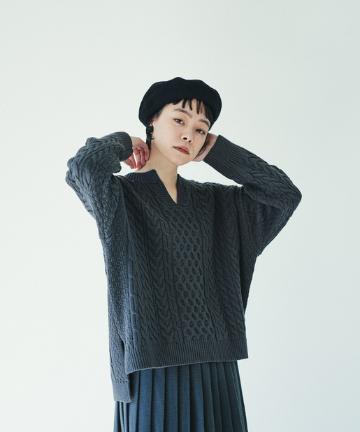【kanocoさん着用】ケーブルキーネックプルオーバー