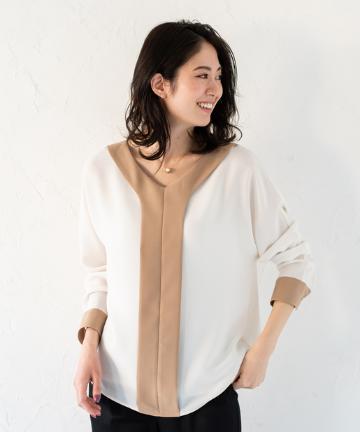 配色Vネックブラウス