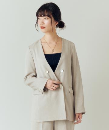 リネンライクノーカラ‐ダブルジャケット