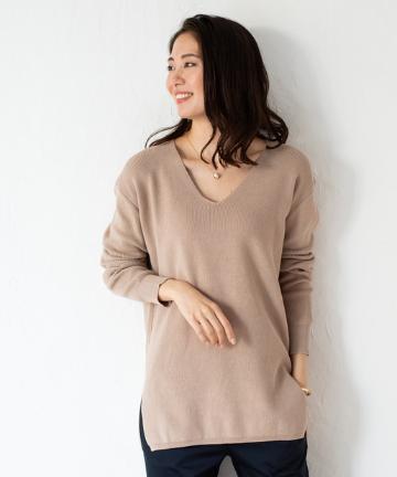 コットン畦Vネックニット