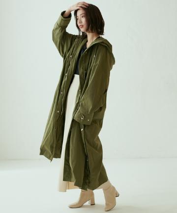 サイドスリット入りロング丈フーデッドモッズコート