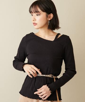 ランダムリブ肩ストラップアシメ長袖トップス