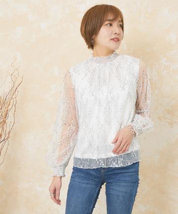 prose verse(プロズヴェール) 花柄レースシャーリングネックブラウス