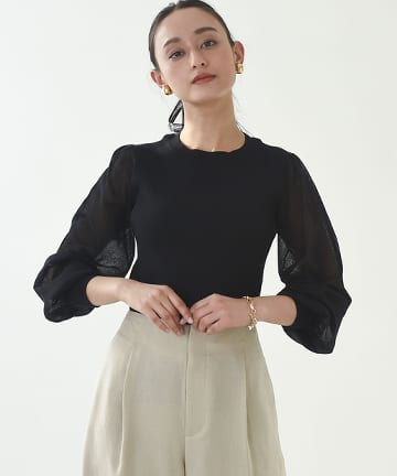 袖シースルークルーネックニット