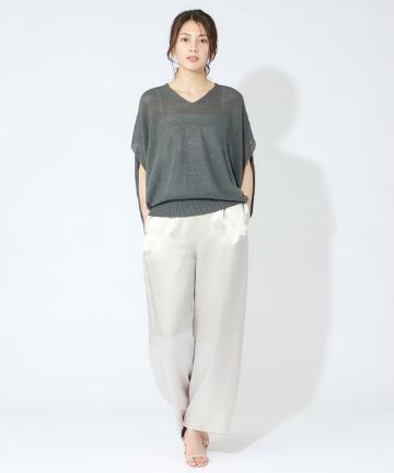 ハイウェストサテンセミワイドパンツ