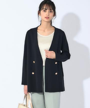 ノーカラーダブルニットジャケット