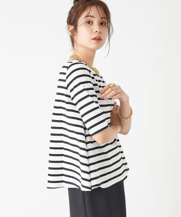 【Le minor(ルミノワ)・洗える】5分袖フレアボーダーTシャツ