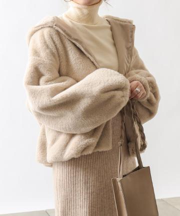 フェイクファーフード付ブルゾン