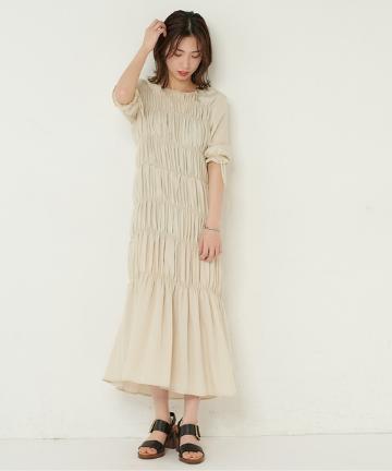 ギャザーデザインティアードワンピース/ドット柄