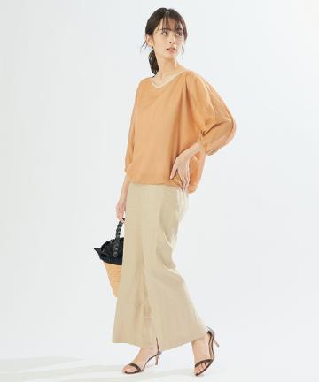 【手洗い可】リネンセンタープレスフレアパンツ