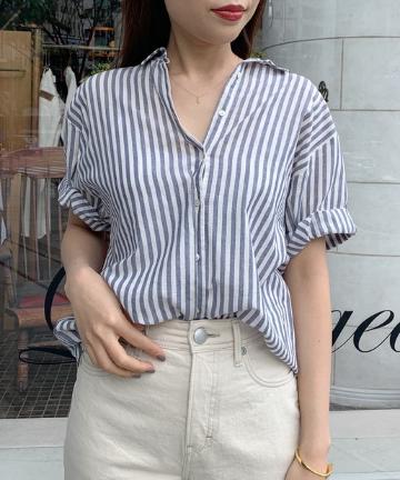 【XiRENA】マルチストライプ半袖シャツ