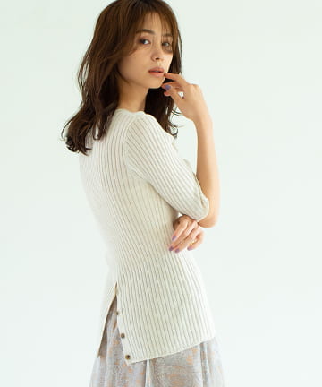 【手洗い可】リネン混リブバック釦ニット