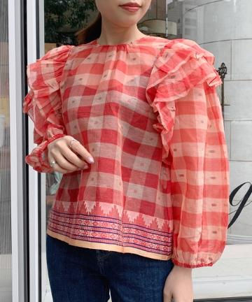 【ULLA JOHNSON】チェック袖フリルブラウス