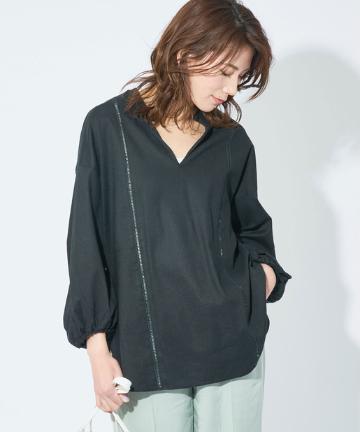 【手洗い可】リネンハシゴレースブラウス