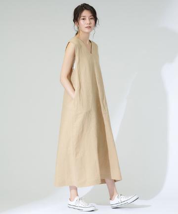 【手洗い可】リネンVネックマキシワンピース