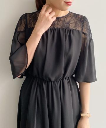 レース切替ギャザーワンピース