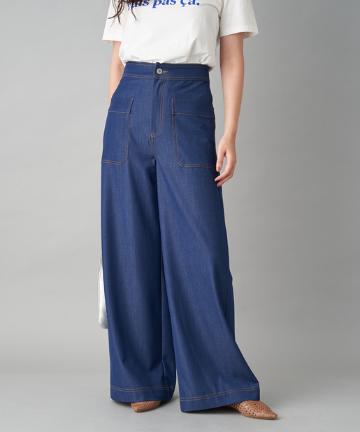 【完売アイテム再入荷】レーヨン混ストレッチデニム風ワイドパンツ