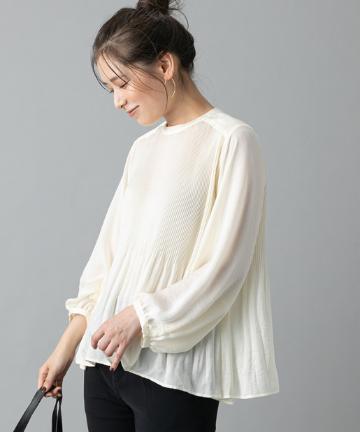 【1枚で決まるデザイントップス】ソフトサテンプリーツブラウス