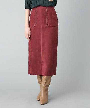 【《通勤スタイルにオススメ》手洗い可】フェイクスエードパイピングスカート