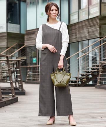 【《すっきりとシャープな印象に》手洗い可】ワンショルチェックオールインワン