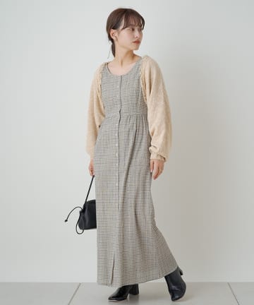 ＊シャーリングチェックボタンワンピース
