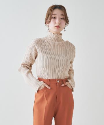 ＊パターン編みメッシュハイネックリブニット