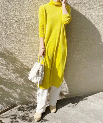ウール混総針タートルネックニットワンピース