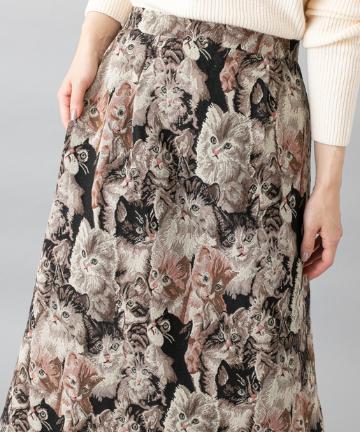 【１枚で主役級アイテム】ネコ柄ゴブランフレアスカート