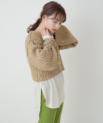 ＊【SET ITEM】袖シャーリングクロップドニット＆ブラウスSET