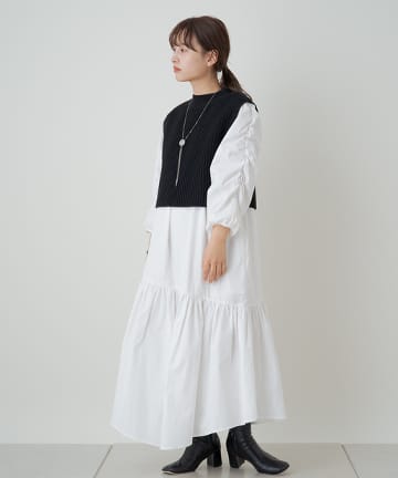 シャーリングティアードワンピース×ベストSET