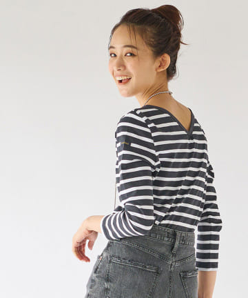 【洗える・Le minor(ルミノア)】ベーシックVネックボーダーカットソー