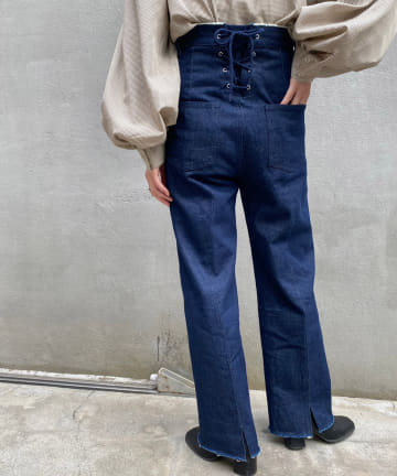 デニム編み上げストレートパンツ