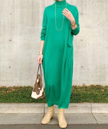 総針ハイネックニットワンピース