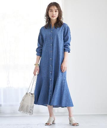 動画付き【洗える】ラッフル切り替えデニムシャツワンピース