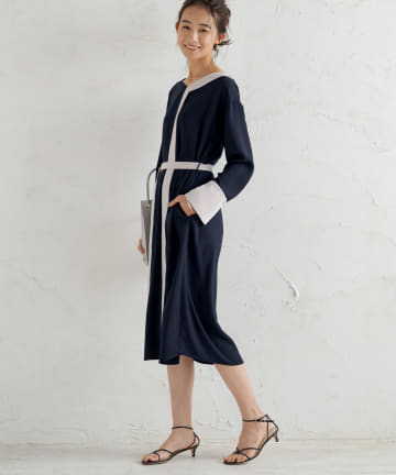 配色Vネックワンピース