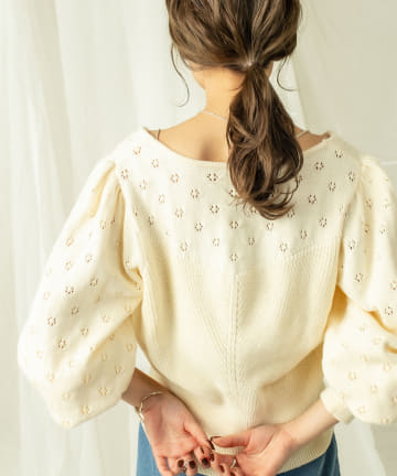 [mline] WEB限定 透かし編みパフ袖ニット