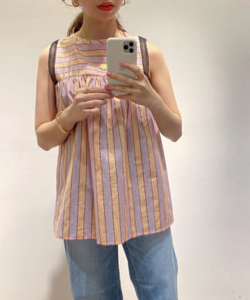 【TELA/テラ】メッシュコンビストライプノースリブラウス