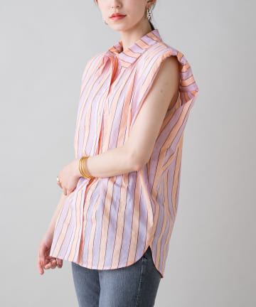 【TELA/テラ】パワショルストライプノースリブラウス