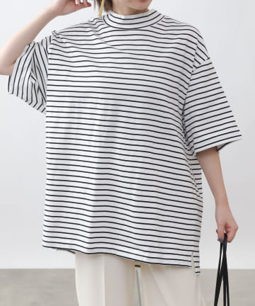 細ボーダーモックネック天竺Tシャツ