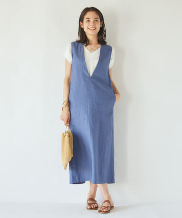 【洗える】リネン深Vナローワンピース
