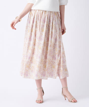 【大人の着映えスカート】フラワープリントギャザースカート