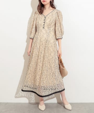 natural couture(ナチュラルクチュール) 袖口パイピング7分袖レースワンピース