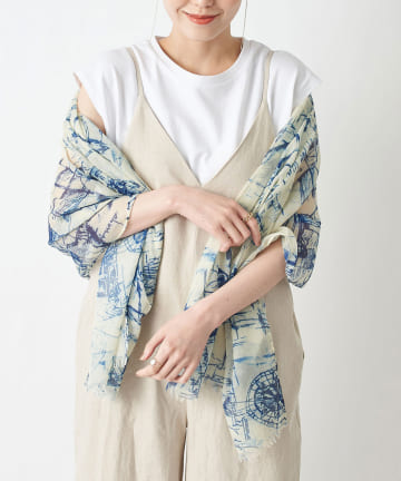 【柔らかな手書き風なプリント】マリンモチーフストール