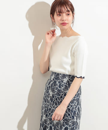 natural couture(ナチュラルクチュール) 袖口配色スカラップ強撚ニット