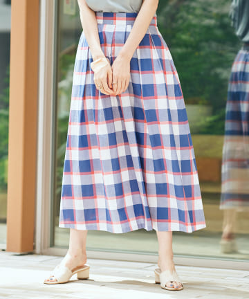 【スタイリングに映える鮮やかなプリント柄】チェックギャザースカート