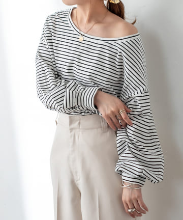 NEW ボーダーボリュームロングTシャツ