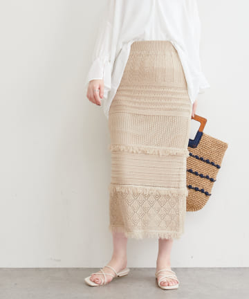 natural couture(ナチュラルクチュール) 透かし編みフリンジスカート