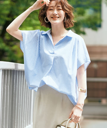 【ヘルシーな印象】ストライプバックボリュームスキッパーシャツ